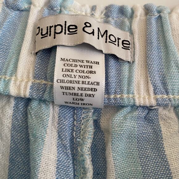 Linen Blend M Striped Pants Blue Pull-On Elastic Waist Pockets Boho Beachy - Picture 3 of 12